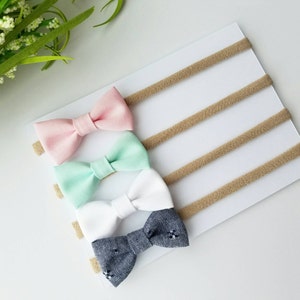 Baby Headband Set Baby Gift Baby Bows Nylon Headbands Baby Headband Bow Set Pink, Mint, White & Denim bitty bows Newborn Headband image 2