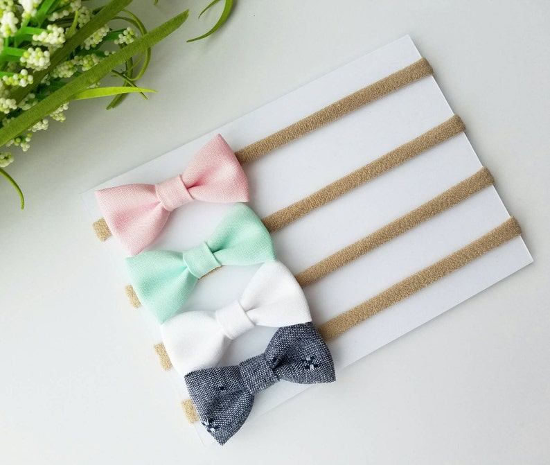 Baby Headband Set Baby Gift Baby Bows Nylon Headbands Baby Headband Bow Set Pink, Mint, White & Denim bitty bows Newborn Headband image 2