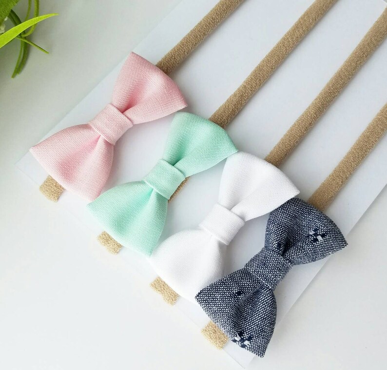 Baby Headband Set Baby Gift Baby Bows Nylon Headbands Baby Headband Bow Set Pink, Mint, White & Denim bitty bows Newborn Headband Bild 5