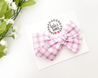 Light Pink and White Gingham Handtied Style Hairbow | Hairbows | Pink Gingham | Light Pink Gingham Bow | Kates Bows