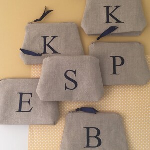 Bridesmaid linen makeup bag with classic embroidered initial - Personalized Finds