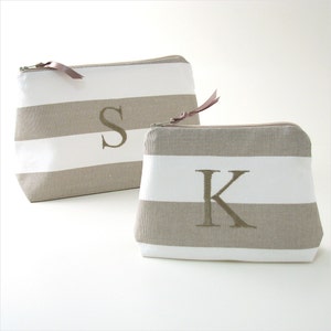 Monogram Makeup Bag, Personalized Cosmetic Bag, Linen Stripe Cosmetic Bag, Makeup Bag with Initials. Travel Gift for Her, Mothers Day Gift