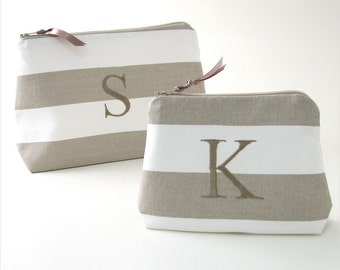 Monogram Makeup Bag, Personalized Cosmetic Bag, Linen Stripe Cosmetic Bag, Makeup Bag with Initials. Travel Gift for Her, Mothers Day Gift