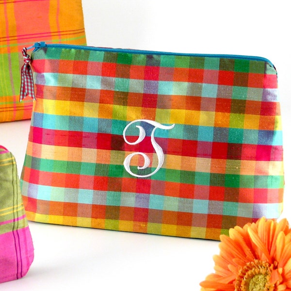 Personalized Plaid Silk Cosmetic Bag Find // Plaid Clutch // Silk Plaid Makeup Bag // Monogrammed Cosmetic Bag // Travel Gift for Her