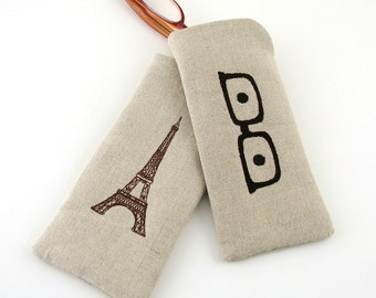 Linen Eyeglass Case, Eiffel Tower Eyeglass Case, Geek Glasses Eyeglass Case, Embroidered Eyeglass Case, Travel Gift for Her Mothers Day Gift