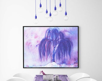 Surreal Art Landscape painting Tree Print Purple Watercolor Print, willow tree watercolor nature lover gift