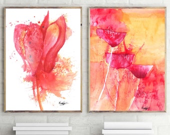 Watercolor print set of 2, abstract watercolor flower paintings, floral wall art