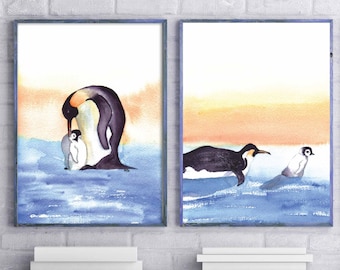 Mother and baby penguin art - Penguin print - Family print - Mum gift - Collage art - Nursery decor - Animal art