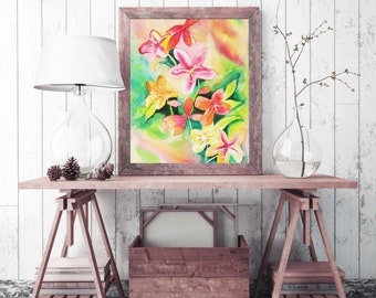 Floral Wall Art Hawaii Colorful Watercolor Print, Watercolor Rainbow