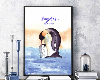 Nursery decor Custom Baby Room Art Penguin Watercolour Animal Print Penguin Wall Art Blue, Purple customised