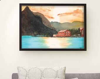 Landscape painting lake, mountains, watercolor print, wall art, home decor mountain, mountain print