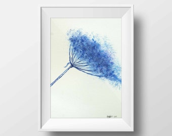 Blue flower abstract Watercolor Print in Large, Small, All Sizes, Bright Home Decor Archival Giclee Wall Art From Original Painting