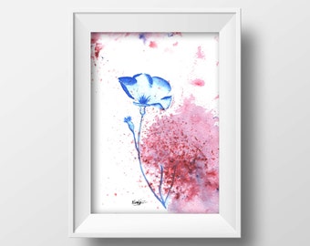 Flower print Pink blue poster Floral print Flower print Watercolor decor flower wall art floral watercolor