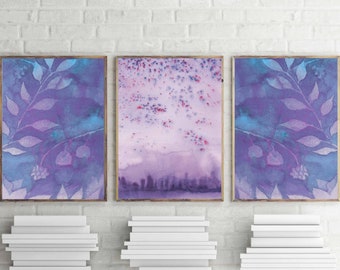 purple wall art set of 3 abstract watercolor modern wall art