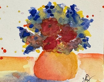 Vase of Flowers #57 Original Watercolor Mini Collectible ACEO Painting by artist Laurel Jeninga