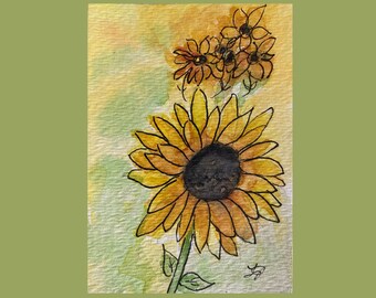 Sunflowers Original Art Decor Mini Painting Watercolor ACEO Collectible by Laurel Jeninga "Sunflowers"