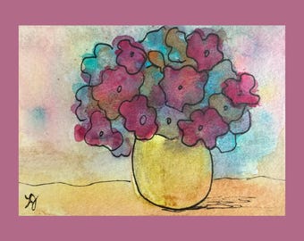 Original Watercolor Painting Miniature Mini ACEO Collectible by Laurel Jeninga "Vase of Flowers #68"