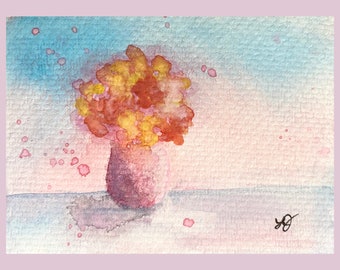 Original Watercolor Miniature Floral Painting, Vase of Flowers ACEO Collectible