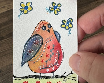 Original Watercolor ACEO Collectible Miniature Painting  " Folksy Bird"  by artist Laurel Jeninga