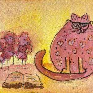 Pintura original en acuarela en miniatura de colección ACEO de la artista Laurel Jeninga "Gato sofisticado"