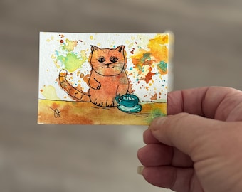 Orange Kitty Cat Drinking Coffee Original Watercolor Mini Painting Collectible ACEO sized "Coffee Cat #7" by artist Laurel Jeninga