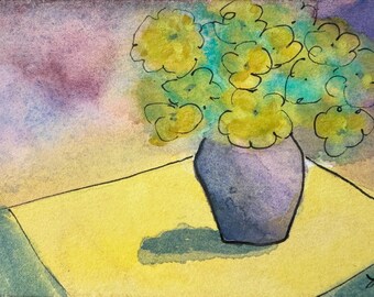Original Watercolor Small Miniature Painting Collectible ACEO  "Vase of Flowers #55" by Laurel Jeninga