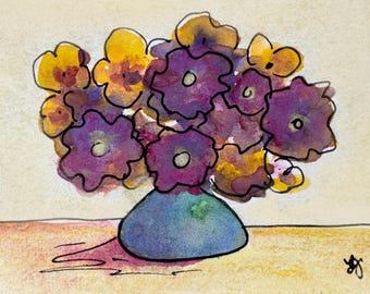 Original Watercolor Small Miniature Painting Collectible ACEO  "Vase of Flowers #64" by Laurel Jeninga