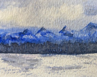 Mountain Range Original  Watercolor Painting, Small ACEO Art Collectible