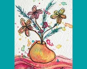 Original Watercolor Miniature Painting ACEO "Vase of Flowers #67" by artist & photographer Laurel Jeninga