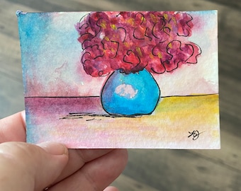 Original Watercolor Small Miniature Painting Collectible ACEO  "Vase of Flowers 37" by Laurel Jeninga