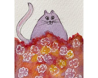 Original Watercolor Art Mini Painting Collectible Miniature  "Cat #2" by Laurel Jeninga