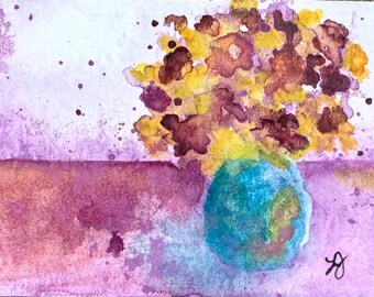 Original Watercolor Mini ACEO Collectible Painting by artist Laurel Jeninga "Vase of Flowers #58"