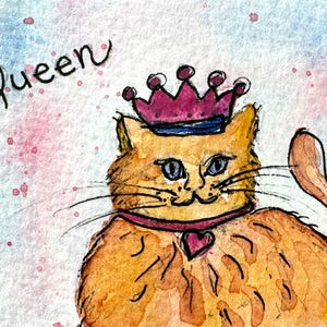 Pintura de acuarela original en miniatura coleccionable ACEO de la linda gata reina llamada "Queen Cat" de la artista Laurel Jeninga