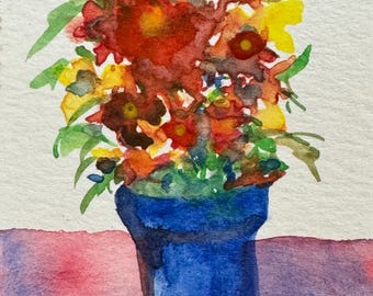 Original Art Mini Painting Watercolor ACEO Collectible by Laurel Jeninga "Vase of Flowers #56"