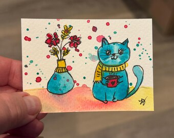 Blue Kitty Cat Drinking Coffee Original Watercolor Mini Painting Collectible ACEO sized "Coffee Cat #6" by artist Laurel Jeninga