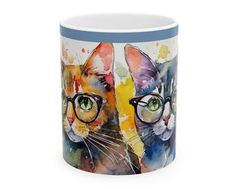 Watercolor Cats with Glasses Mug | Ceramic Coffee Cup