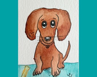Original Watercolor Painting Miniature  ACEO Collectible by Laurel Jeninga "Dachshund#1"