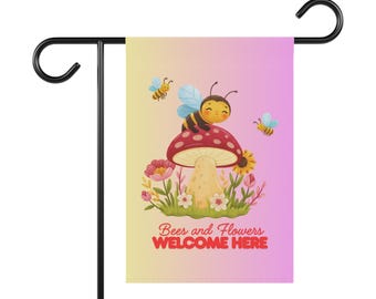 Bees and Flowers Garden Banner | Welcome Here, Mushroom Bee Design