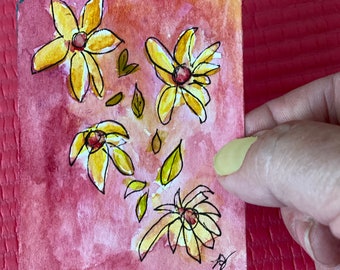 Original Watercolor Painting Miniature Mini ACEO Collectible by Laurel Jeninga "Daisies #1"