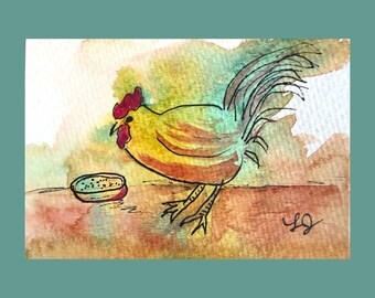 Original Watercolor Miniature Collectible ACEO Painting "Cute Chicken" by artist Laurel Jeninga