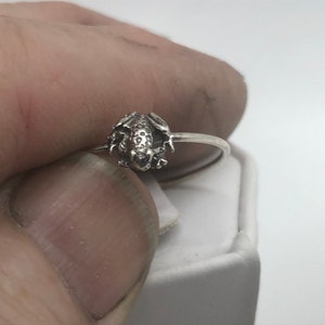 May include: A silver ring with a detailed frog design. The frog has textured skin and prominent eyes. The ring band is thin and simple, complementing the frog's intricate details. The ring is held against a white background. The ring is a piece of jewellery.