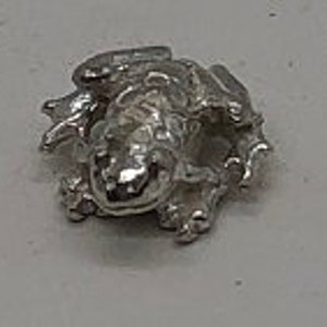 May include: A silver frog charm with a detailed design. The frog is sitting on its hind legs with its front legs outstretched.