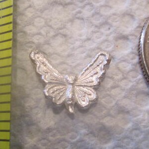 May include: A silver butterfly charm with intricate details. The charm is about the size of a US quarter.