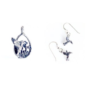 Hummingbirds Set, Sterling Silver, Small Flower Pendant and  Earrings, hand cast by Don Norris. Makes a great gift , you will love them too!