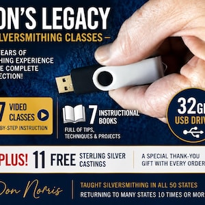 May include: A 32GB USB drive containing Don's Legacy silversmithing classes, featuring 97 video classes, 7 instructional books, and 11 free sterling silver castings. The text includes details on 50+ years of teaching experience and Don Norris.
