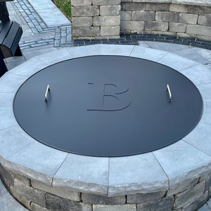 Personalized Fire Pit Cover Lid, Galvanized Metal Fire Pit Snuffer Cover, Spark Screen Lid One Piece, Custom Monogram Fire Pit Lid Cover