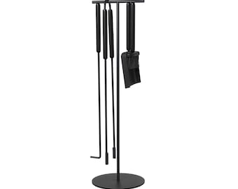 Modern Fireplace Tool Set: Black Steel with Oak Handles, 5 Piece