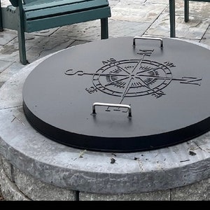 Compass Design Fire Pit Lid Cover, Stainless Steel Fire Pit Snuffer Cover with Rise, Spark Screen Lid One Piece, Fire Pit Top Safety Lid