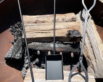 Hand Forged Fire Pit Tools: Steel Poker, Tongs & Shovel Set