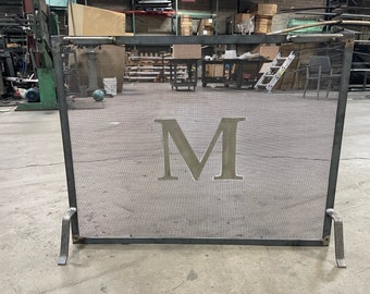 FIREPLACE SCREEN with Monogram, MONOGRAM Fireplace Safety Screen- Single Panel Design- fireplace with Monogram- Black or Gun Metal Color